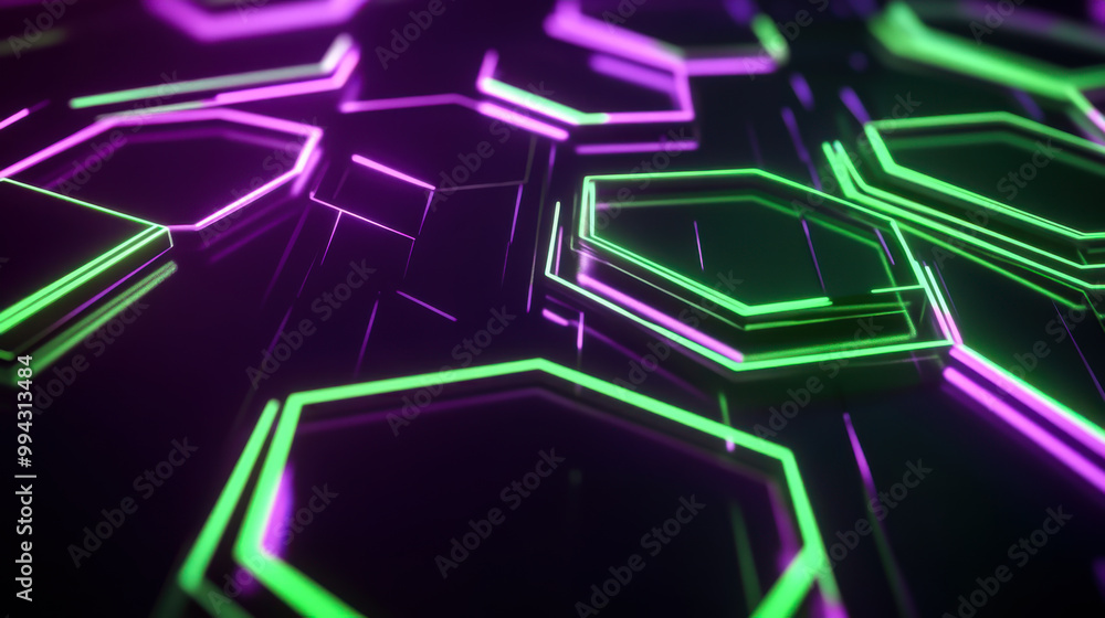 Abstract geometric pattern illuminated with purple and green lights on a dark background, creating a futuristic design Abstract geometric pattern illuminated with purple and green lights on a dark background, creating a futuristic design