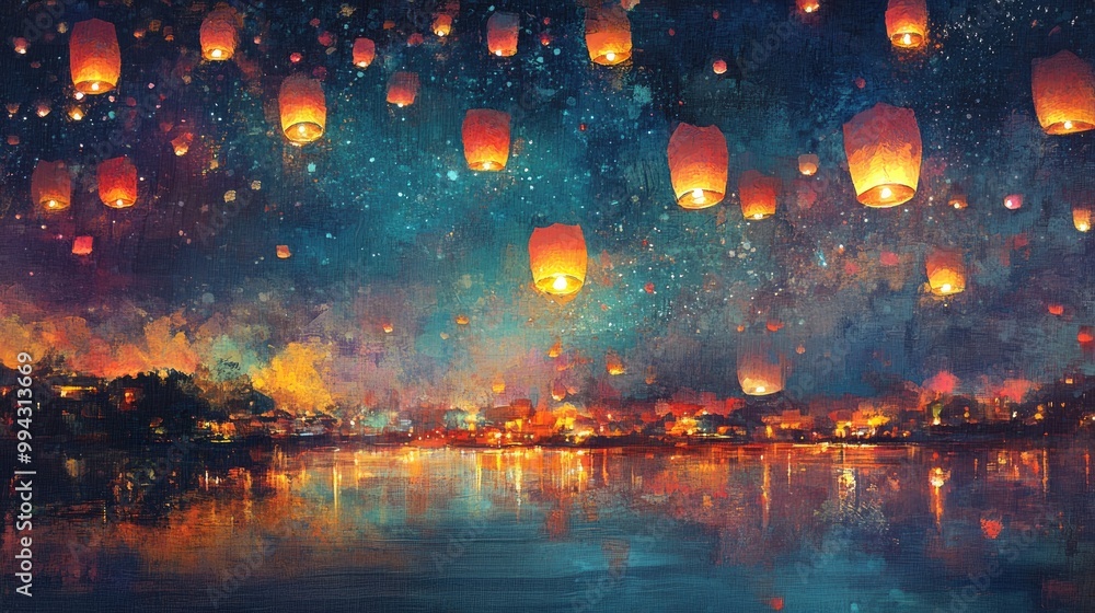 Fototapeta premium A vibrant assortment of floating lanterns illuminating the night sky