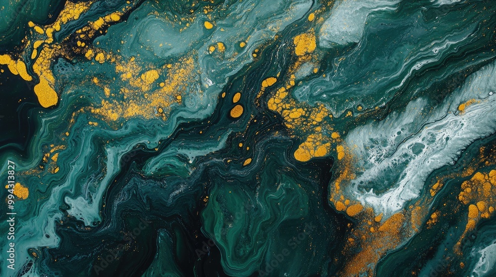 Abstract acrylic fluid art featuring dark green and golden foamy waves creating a marbled ocean like texture Abstract acrylic fluid art featuring dark green and golden foamy waves creating a marbled ocean like texture
