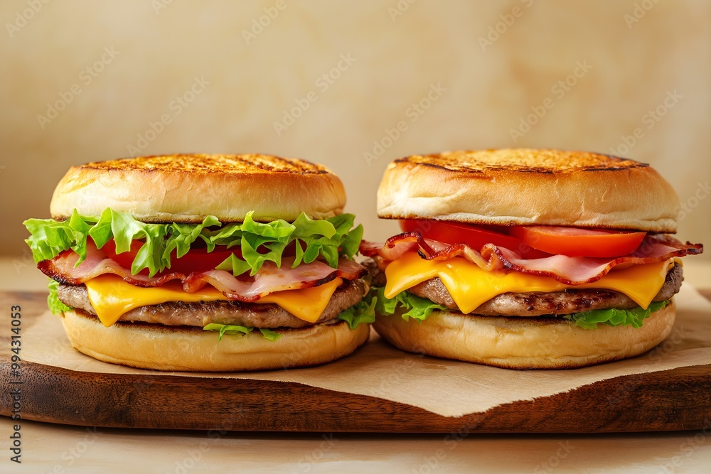Two Grilled Sandwiches With Meat, Cheese, Bacon, Ham, Tomato Slices, Lettuce Leaves, Food Photography, Food Menu Style Photo Image Two Grilled Sandwiches With Meat, Cheese, Bacon, Ham, Tomato Slices, Lettuce Leaves, Food Photography, Food Menu Style Photo Image
