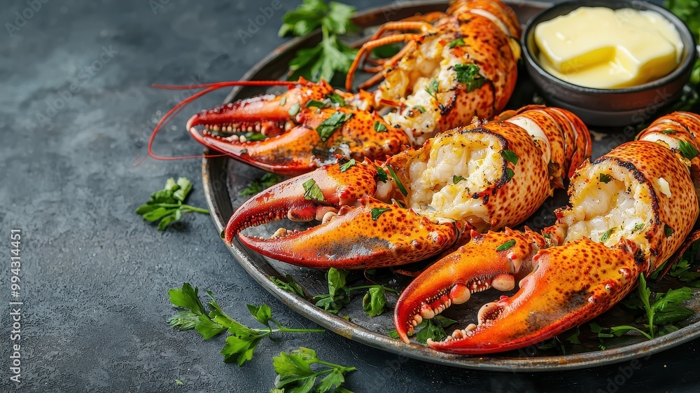 Freshly cooked lobster served with butter and garnished with herbs. Freshly cooked lobster served with butter and garnished with herbs.