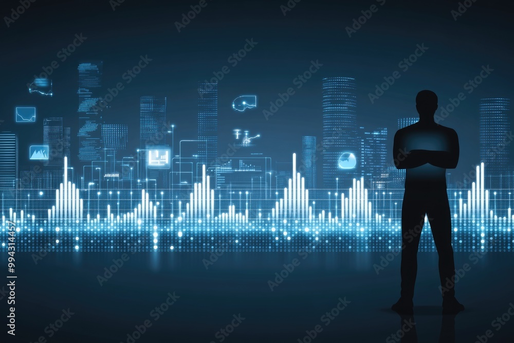 Silhouette of a businessperson analyzing futuristic digital cityscape and data visualization Silhouette of a businessperson analyzing futuristic digital cityscape and data visualization