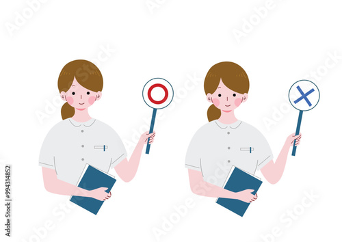 丸とバツのパネルを持った看護師のイラスト