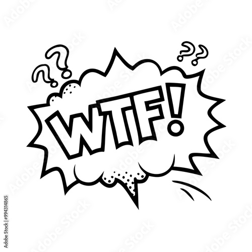 a black and white cartoon-style graphic with the letters "WTF!" in bold, capital letters inside a jagged speech bubble. Surrounding the speech bubble are several small question marks, adding to the ex