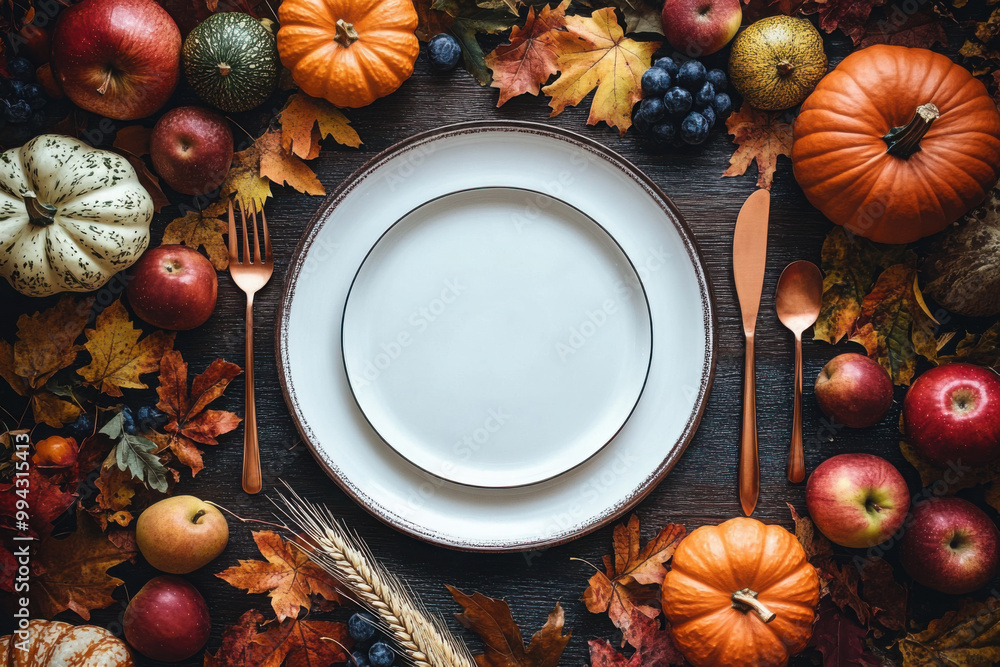 Autumn or thanksgiving day table setting. Fallen leaves, pumpkins, spices, empty plate and vintage cutlery on wooden table. Top view, toned image Autumn or thanksgiving day table setting. Fallen leaves, pumpkins, spices, empty plate and vintage cutlery on wooden table. Top view, toned image