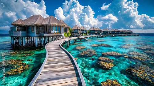 Overwater Bungalows in Tropical Paradise, Clear Blue Ocean with Coral Reefs, Luxurious Resort Escape, Scenic Island View photo