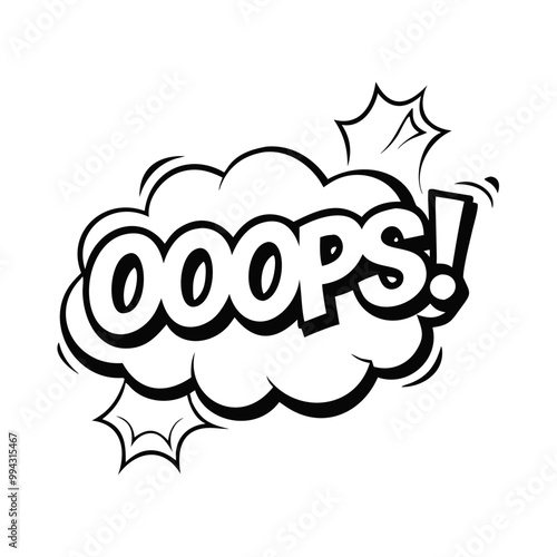 a black and white comic-style illustration of a speech bubble with the word "OOOPS!" inside it. The text is bold and stylized, and there are small starburst shapes around the speech bubble, adding to 