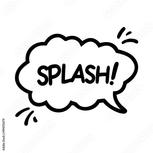 a black and white illustration of a speech bubble with the word "SPLASH!" written inside it in bold, uppercase letters. The speech bubble has a cloud-like shape with small lines around it, suggesting 