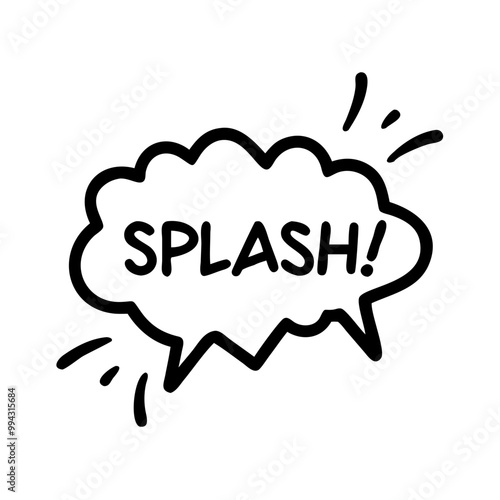 a comic-style speech bubble with the word "SPLASH!" written inside it in bold, uppercase letters. The speech bubble has a cloud-like shape with jagged edges, and there are small lines around it, sugge