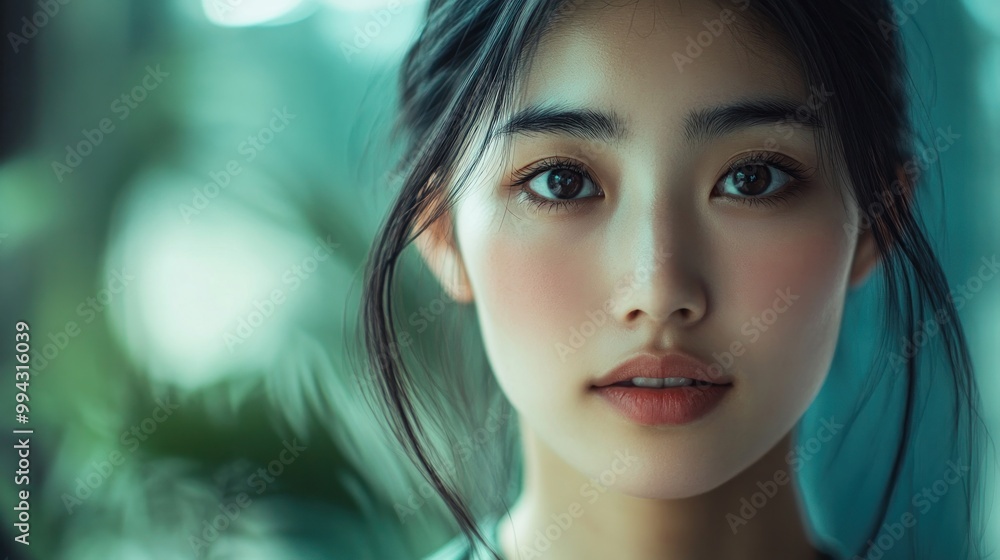 Asian portrait capturing serene emotions, blurred background Asian portrait capturing serene emotions, blurred background