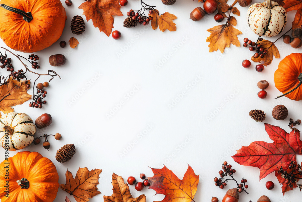 Obraz premium Autumn composition. Dried leaves, pumpkins, flowers, rowan berries on white background. Autumn, fall, halloween, thanksgiving day concept. Flat lay, top view, copy space