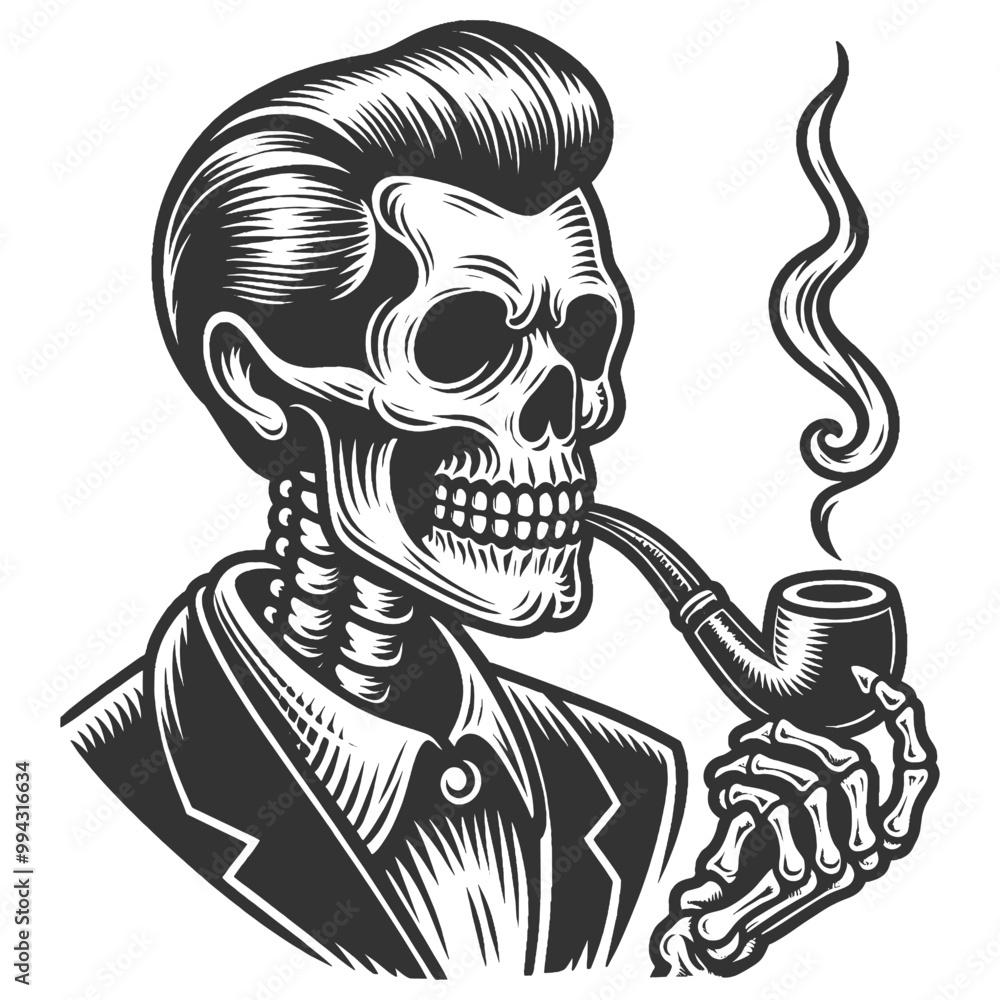 skeleton dressed in suit and bow tie, smoking a pipe, combining vintage elegance with a macabre twist sketch engraving generative ai vector illustration. Scratch board imitation. Black and white image skeleton dressed in suit and bow tie, smoking a pipe, combining vintage elegance with a macabre twist sketch engraving generative ai vector illustration. Scratch board imitation. Black and white image