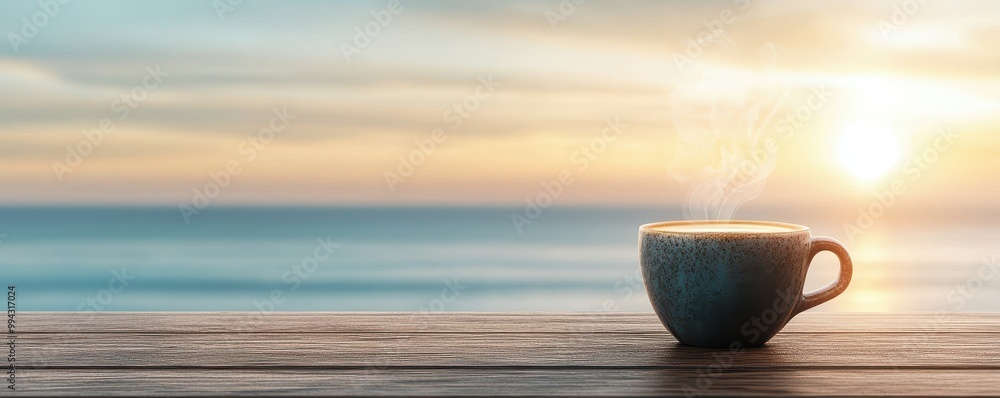 Steaming coffee cup on wooden table with sunrise over serene ocean background Steaming coffee cup on wooden table with sunrise over serene ocean background