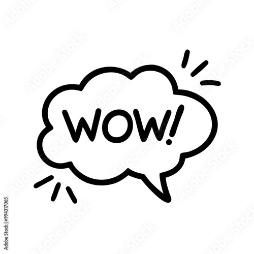 a black and white illustration of a speech bubble with the word "WOW!" inside it. The speech bubble has a cloud-like shape, and there are small lines around it, suggesting excitement or emphasis