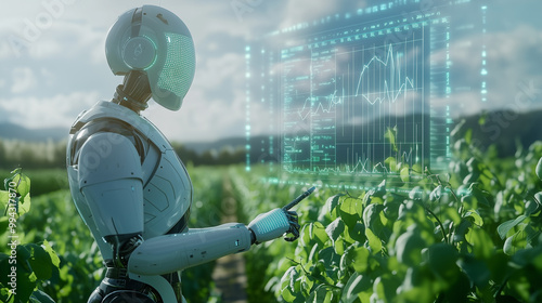 humanoid robot studying agricultural data, vibrant green fields, sustainable farming technology