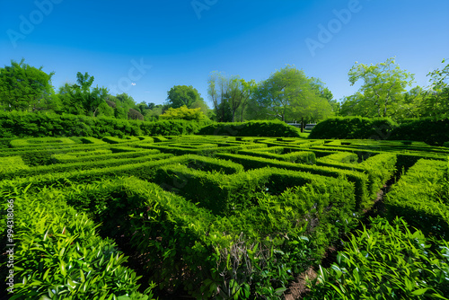 Intricate Green Hedge Maze in a Sprawling Garden Under a Clear Blue Sky