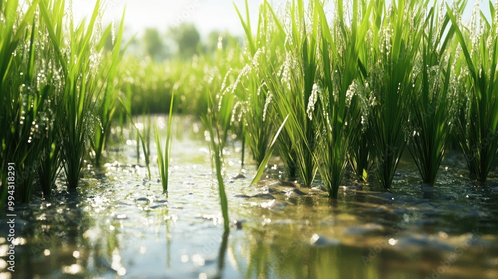 Beautiful close-up of rice plants with clear water at their base, captured in a realistic farm scene, showcasing natural beauty Beautiful close-up of rice plants with clear water at their base, captured in a realistic farm scene, showcasing natural beauty