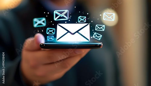 Man interacting with holographic email notifications displayed from a smartphone