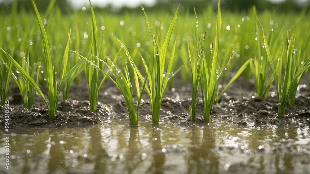 Close-up view of rice plants standing tall in a field, clear water covering the soil, captured in a realistic and peaceful farm setting Close-up view of rice plants standing tall in a field, clear water covering the soil, captured in a realistic and peaceful farm setting