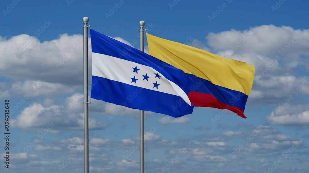Colombia and Honduras flags flying together, video concept of the relationship, two country cooperation concept Colombia and Honduras flags flying together, video concept of the relationship, two country cooperation concept
