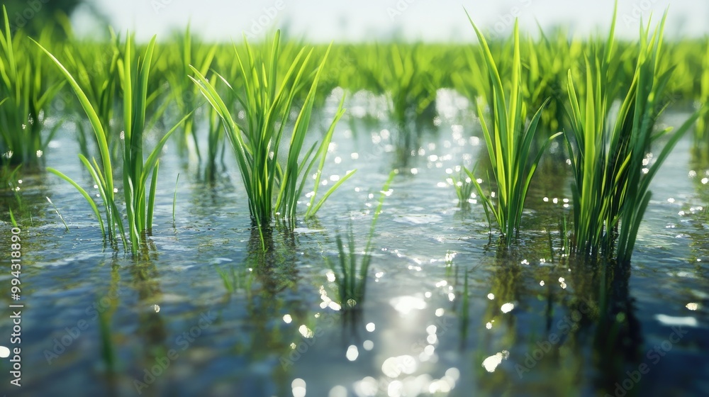 Obraz premium Stunning close-up of rice plants growing in a flooded field, with clear water on the ground, creating a peaceful and realistic scene