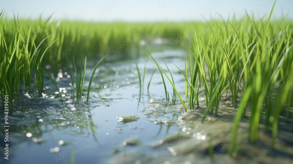 Obraz premium Stunning close-up of rice plants in a field filled with clear water, creating a serene and realistic farm landscape