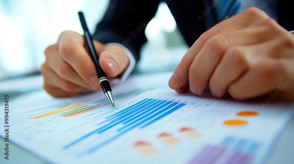 Close-up of a Hand Holding a Pen Pointing at a Bar Chart Close-up of a Hand Holding a Pen Pointing at a Bar Chart