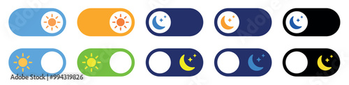 Day night switch toggle. Dark mode, day mode, light and dark mode switch buttons collection with sun and moon. Mobile app interface. Vector