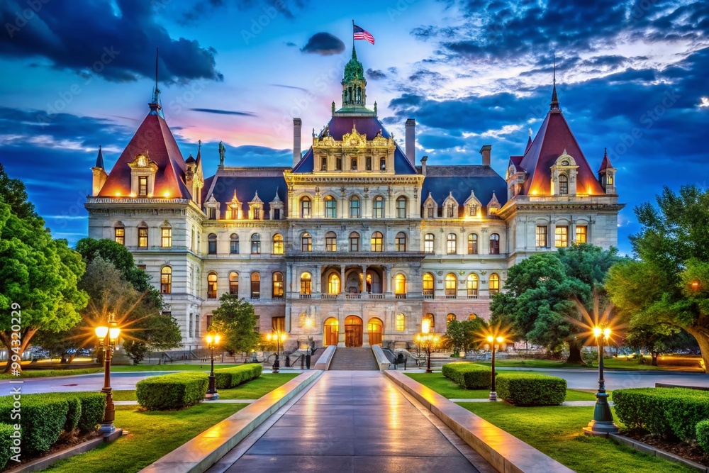 Naklejka premium Majestic Albany Capitol Building with Classic Architecture Surrounded by Lush Greenery and Blue Sky