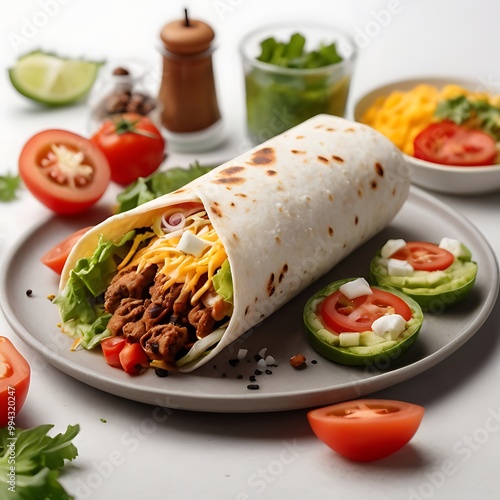 Delicious Classic Burrito with Fresh Ingredients assortment Served with some salad, Tasty delicious burrito wrap roll with meat, pepper, avocado, rice, beans