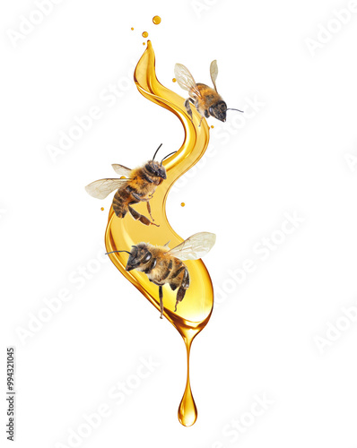 Melted dripping honey with flying bees close up on a white background photo