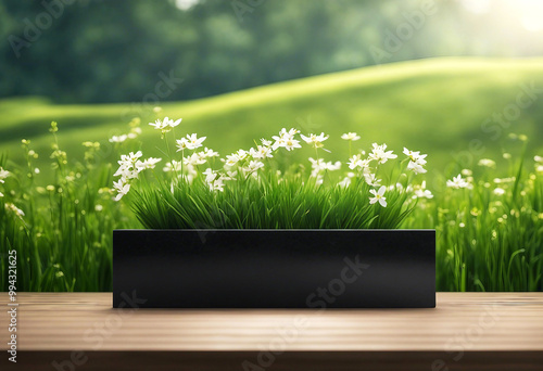 AI-generated black granite product display podium in a green area with grass, flowers, and sunlight photo