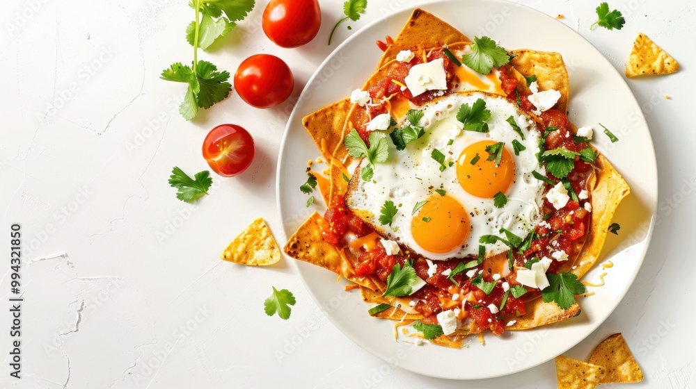 A plate of eggs and tomatoes with a side of tortilla chips A plate of eggs and tomatoes with a side of tortilla chips