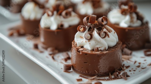 A plate of chocolate covered desserts with white frosting and chocolate shavings