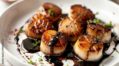 Fototapeta Naklejka Na Ścianę i Meble -  A plate of scallops with a sauce on top