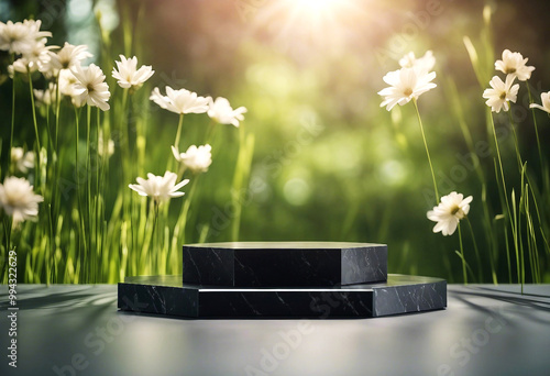 AI-generated black granite product display podium in a green area with grass, flowers, and sunlight photo