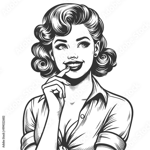 Playful smiling beautiful young woman flirty biting her finger sketch engraving generative ai fictional character vector illustration. Scratch board imitation. Black and white image.