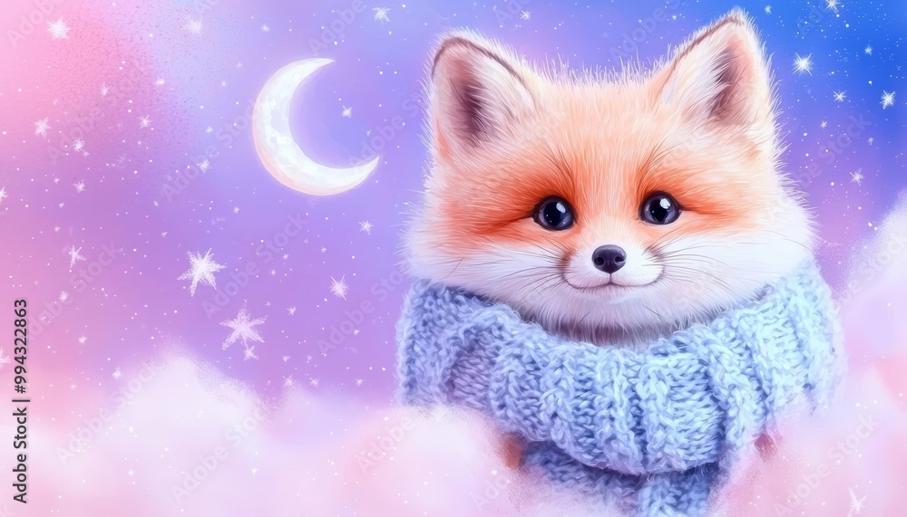 Adorable fox wearing a cozy scarf, surrounded by stars and a crescent moon, set against a soft night sky. Adorable fox wearing a cozy scarf, surrounded by stars and a crescent moon, set against a soft night sky.