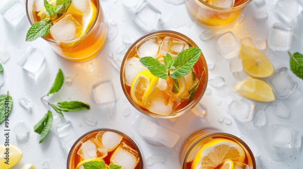 Four glasses of lemonade with ice and mint leaves Four glasses of lemonade with ice and mint leaves