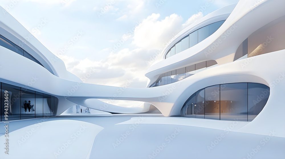 An artistic representation of a futuristic building with smooth curves and geometric shapes, emphasizing negative space An artistic representation of a futuristic building with smooth curves and geometric shapes, emphasizing negative space