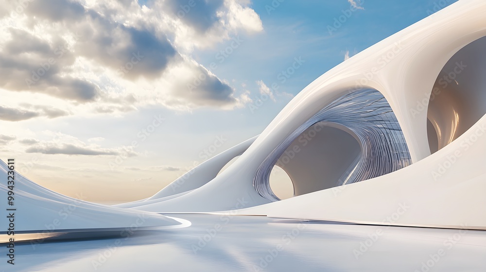 Fototapeta premium An artistic representation of a futuristic building with smooth curves and geometric shapes, emphasizing negative space