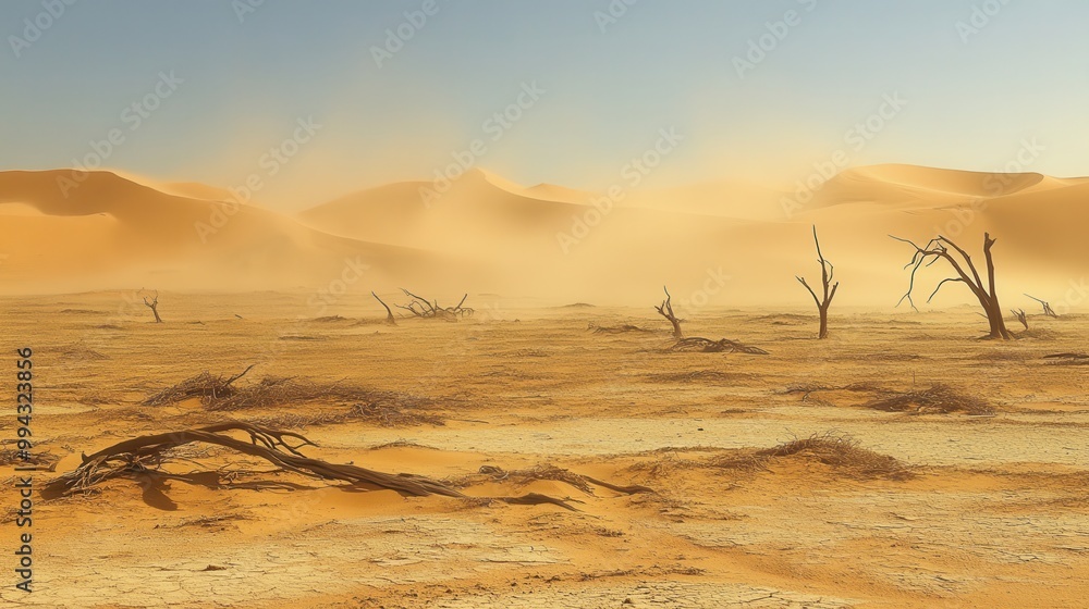 Barren desert landscape with sand dunes and dry trees under a clear sky illustrating the effects of desertification Barren desert landscape with sand dunes and dry trees under a clear sky illustrating the effects of desertification
