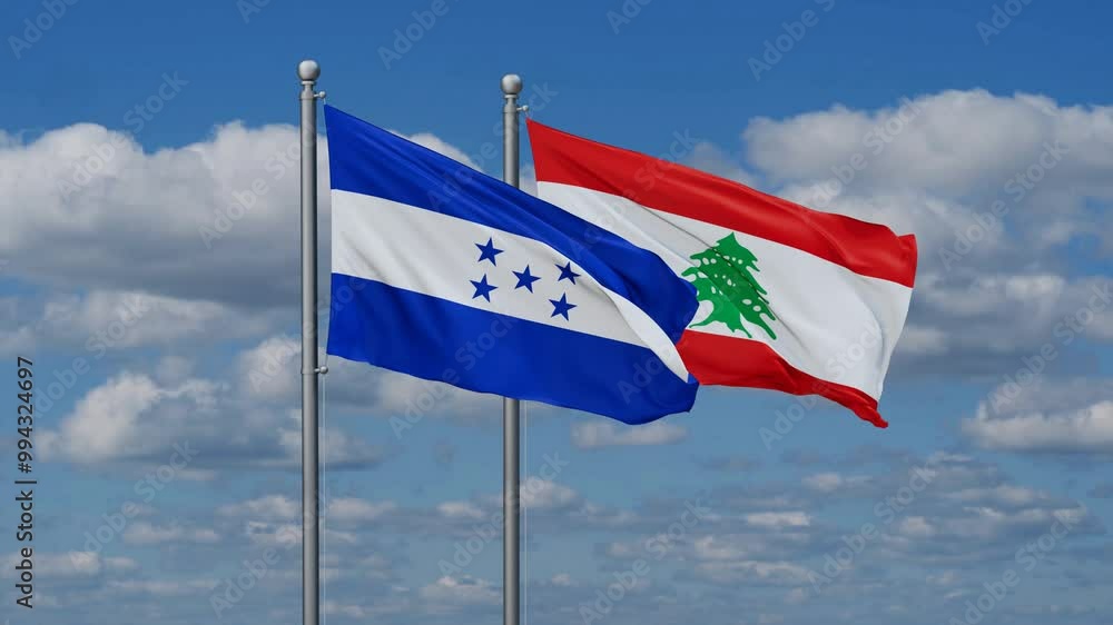 Lebanon and Honduras flags flying together, video concept of the relationship, two country cooperation concept Lebanon and Honduras flags flying together, video concept of the relationship, two country cooperation concept