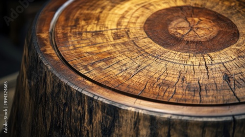 Detailed macro shot of a Canadian lumberjack motif on a wooden log with earthy textures and rich grain patterns