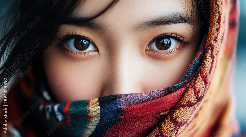 Close-up of an Asian person wearing multicultural attire, detailed focus Close-up of an Asian person wearing multicultural attire, detailed focus