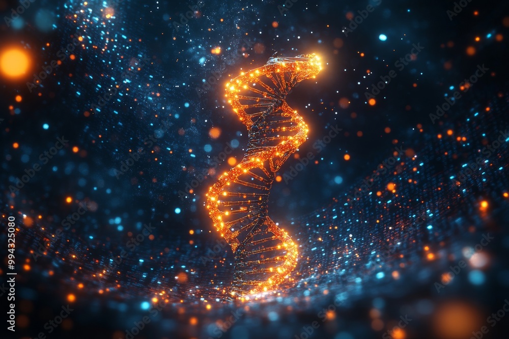 Glowing DNA helix in blue and orange with bioluminescent particles