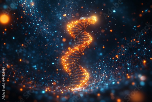 Glowing DNA helix in blue and orange with bioluminescent particles