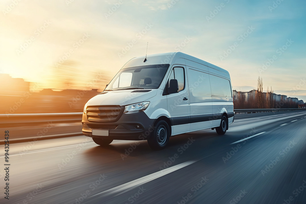 White modern delivery small shipment cargo courier van moving fast on motorway road to city White modern delivery small shipment cargo courier van moving fast on motorway road to city