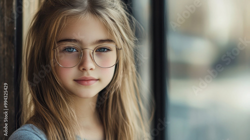 portrait of young blonde haired teenager girl with glasses and blue eyes