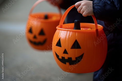 Children joyfully trick-or-treating with bright Jack-O-Lantern buckets during Halloween festivities in a neighborhood